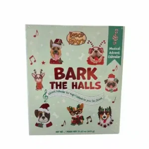 A dog-themed musical advent calendar box titled "Bark the Halls" by Bosco and Roxy's, featuring festive illustrations of dogs wearing Christmas costumes. Musical notes and candy canes decorate the light green background.