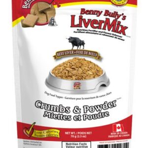 A bag of Benny Bully's LiverMix Crumbs & Powder dog food topper, featuring beef liver. The packaging is mostly white and red with product images and information in English and French.