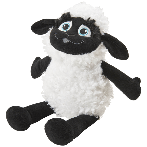 A plush toy sheep with a black face, ears, and limbs, and a white, fluffy body. It has large blue cartoonish eyes and a smiling mouth. The sheep is seated with its front legs extended outward.