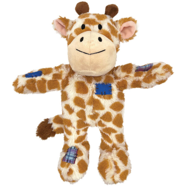 A plush giraffe toy with a happy expression. It has soft, brown and cream spotted fur, brown horns, and ears. Blue plaid patches are stitched on its body, adding a whimsical touch. The toy is positioned with its arms and legs spread wide.