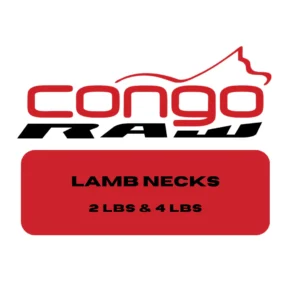 Logo for Congo Raw with a stylized animal above the text. Below, a red box reads: "Lamb Neck Cut, 4 lbs." White background.