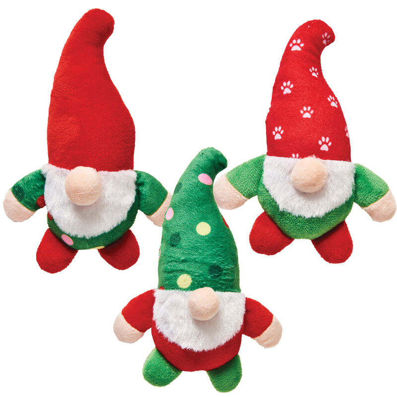 Three plush gnome toys with large hats and white beards. One hat is red, one is green with polka dots, and one is red with white paw prints. Each gnome has a round nose and wears green and red clothing.