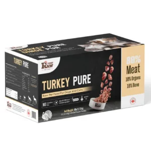 A box labeled "Turkey Pure Raw Pet Food for Dogs and Cats" shows chunks of meat falling into a bowl. The box highlights "80% Meat, 10% Organs, 10% Bone" and displays a cat's face in the top right corner.