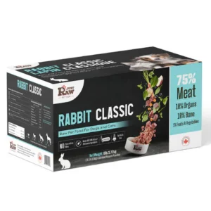 A box of Just Raw Rabbit Classic pet food for dogs and cats, showing 75% meat, 10% organs, 10% bone, and 5% fruits & vegetables. The package features images of raw meat, vegetables, and a rabbit. Net weight: 6 lbs (2.72 kg).