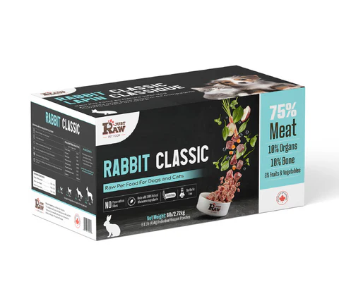 A box of Just Raw Rabbit Classic pet food for dogs and cats, showing 75% meat, 10% organs, 10% bone, and 5% fruits & vegetables. The package features images of raw meat, vegetables, and a rabbit. Net weight: 6 lbs (2.72 kg).