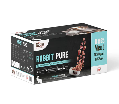 A box of Just Raw Rabbit Pure pet food for dogs and cats, featuring images of raw meat pieces, a white bowl, and a cat’s face. The packaging highlights “80% Meat, 10% Organs, 10% Bone.”.