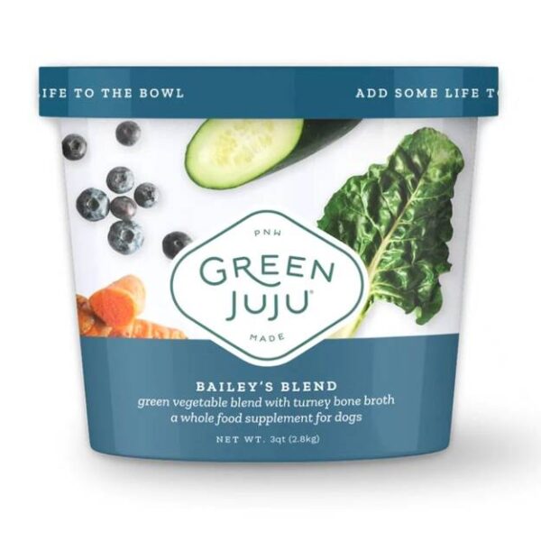 An image of a container of "Green Juju" Bailey's Blend, a whole food supplement for dogs. The container shows pictures of blueberries, cucumber, leafy greens, and carrots, with text stating it's a green vegetable blend with turkey bone broth. Net weight: 3 pounds (2.8 kg).