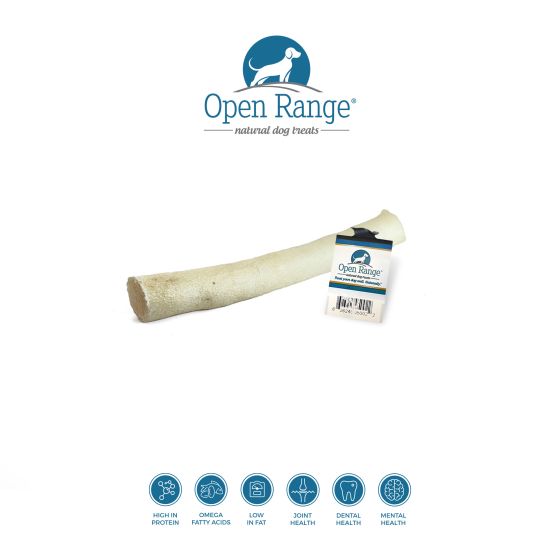 A white beef bone dog treat with an Open Range label, placed on a white background. Open Range logo and icons below highlight protein, omega fatty acids, low fat, joint, dental, and mental health benefits.