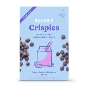 A box of Bocce’s Crispies dog treats in Peanut Butter & Blueberry flavor, featuring an illustration of a jar with berries and scattered treat pieces on a light blue background. The box highlights that it is wheat-free.