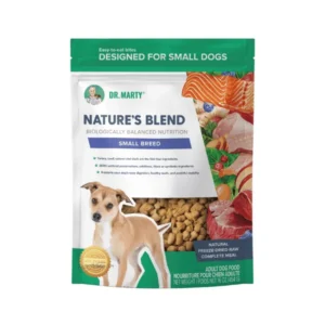 Bag of Dr. Marty Nature’s Blend small breed freeze-dried raw dog food featuring an image of a small brown dog.