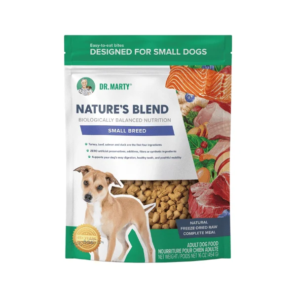 Bag of Dr. Marty Nature’s Blend small breed freeze-dried raw dog food featuring an image of a small brown dog.
