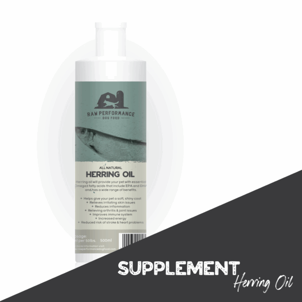 Raw Performance Herring Oil 500 ml is shown on a white and grey background, with text noting its benefits for dogs: improved coat, healthier skin, and reduced risk of heart problems from the Raw Performance raw formula.