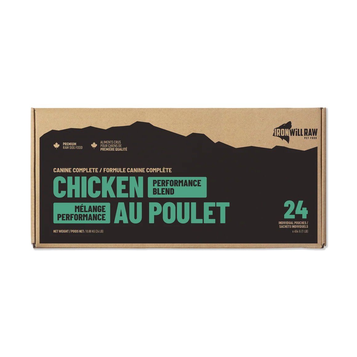 Iron Will Raw Chicken Performance Blend 24 lbs in a cardboard box with English and French text, featuring a mountain silhouette graphic.