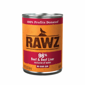 A 12.5 oz can of Rawz Beef & Beef Liver Wet Dog Food, marked "100% Profits Donated," sits on an orange background with a wolf silhouette. The label notes "No Guar Gum" and "exclusive of water.