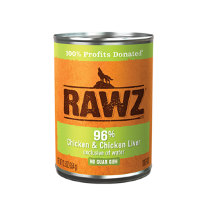 A can of RAWZ dog food featuring a label with "96% Chicken & Chicken Liver" and "No Guar Gum" written on it. The label also highlights "100% Profits Donated." The can is orange with green accents and a silhouetted wolf image.