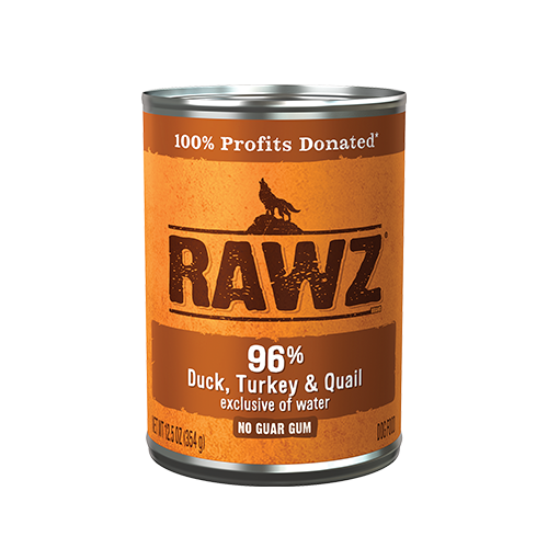 A can of RAWZ pet food with a label reading "96% Duck, Turkey & Quail, exclusive of water." The label also states "100% Profits Donated" and "No Guar Gum." The can has an orange-brown background and a wolf silhouette.