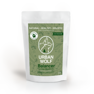 A white bag of Urban Wolf Balancer dog food features a green label with city and pine tree graphics, and text promoting it as natural, healthy, holistic, and suitable for homemade dog diets.