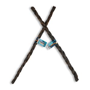 Two crossed braided beef sticks with tags attached, displayed on a white background.