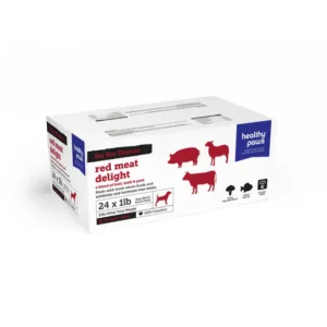 Healthy Paws Red Meat Delight dog food box containing twenty-four one-pound packs of beef, lamb, and pork.