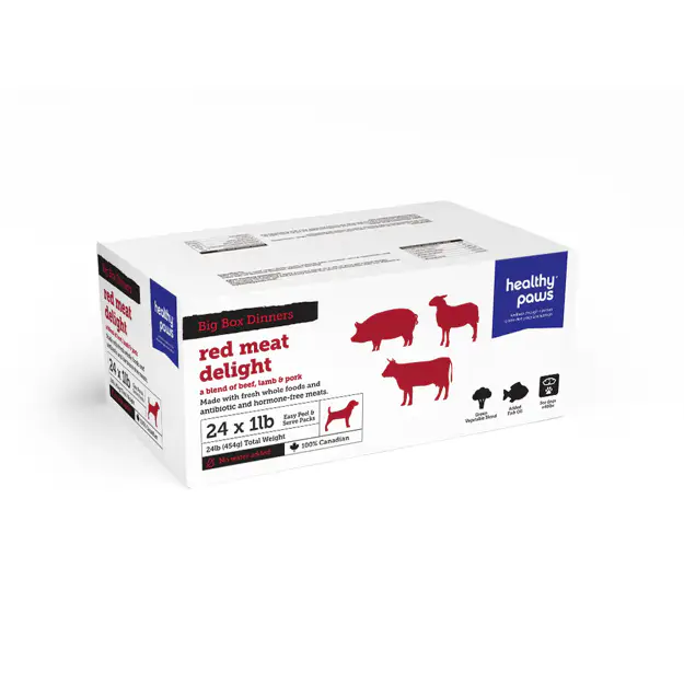 Healthy Paws Red Meat Delight dog food box containing twenty-four one-pound packs of beef, lamb, and pork.