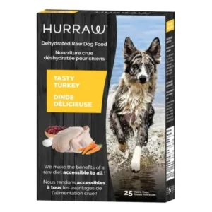 Box of Hurraw Dehydrated Dog Food Turkey 2.5 kg featuring a photo of a dog running in water. The flavor is Tasty Turkey, with images of turkey, berries, and vegetables on the packaging. Text is provided in both English and French. Contains 25 metric cups.