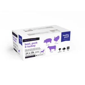 Healthy Paws Big Box Dinners containing 24 one-pound packs of beef, pork, and turkey dog food.