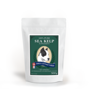 A white pouch with a green label showing a black and white dog's face. The label reads "100% Pure Sea Kelp Supplement" and "Essex Cottage Farms," with details about the product's ingredients and weight (500g).