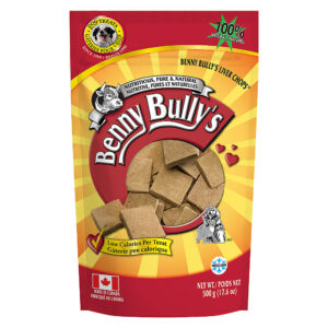 A red and yellow bag of Benny Bully's Liver Chops dog treats displays square treats, features "100% natural" and "low calories per treat," and notes the product is made in Canada.