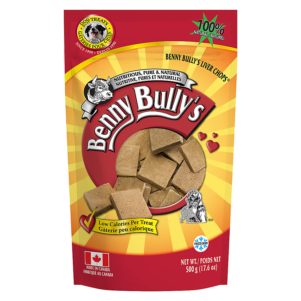 A red and yellow bag of Benny Bully's Liver Chops dog treats displays square treats, features "100% natural" and "low calories per treat," and notes the product is made in Canada.