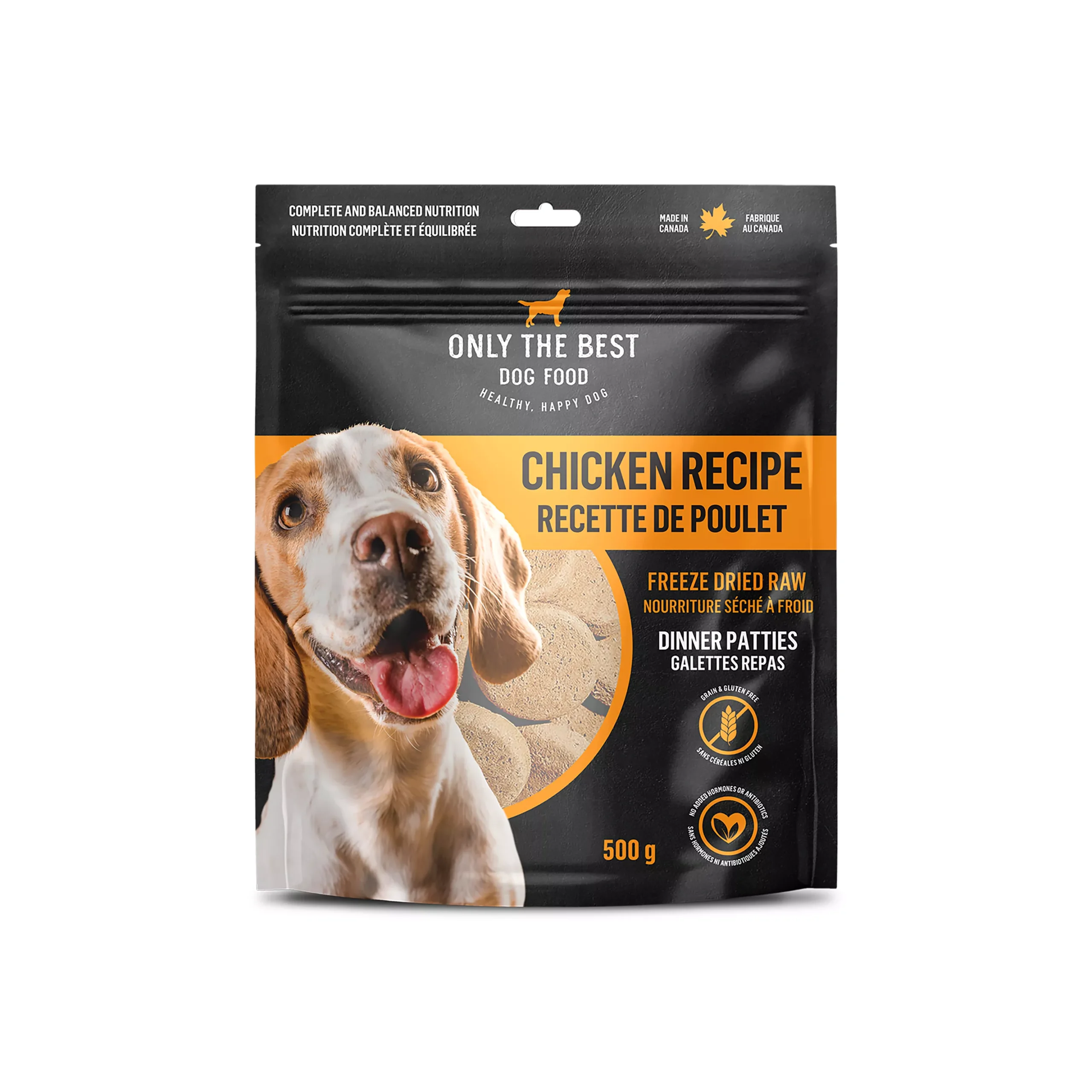 A bag of Only The Best Dog Food featuring a photo of a happy dog. The packaging highlights "Chicken Recipe," freeze-dried raw dinner patties, and includes text in English and French. The weight is 500 g.