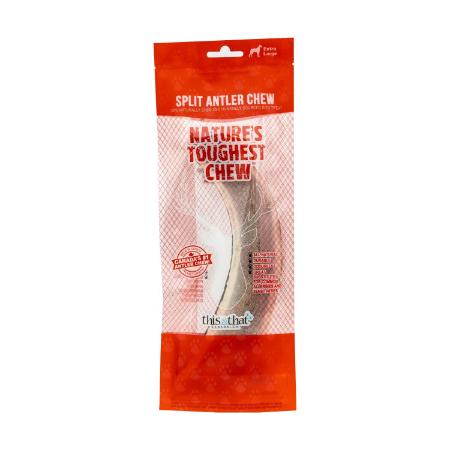 A red and white package labeled "Split Antler Chew - Nature's Toughest Chew" contains a natural dog chew. The packaging is clear in the center, showing the antler inside.