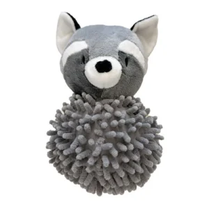 A gray plush raccoon toy with a soft, round head, black eyes and nose, white facial markings, and a fluffy, textured body made of knobby fabric.