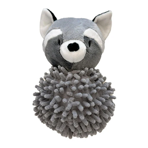 A gray plush raccoon toy with a soft, round head, black eyes and nose, white facial markings, and a fluffy, textured body made of knobby fabric.
