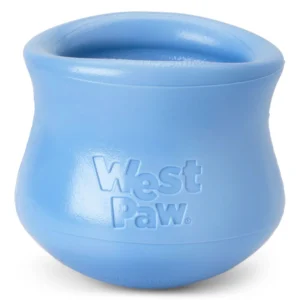A ruby red, extra large rubber treat dispenser toy for dogs from West Paw, shaped like a rounded cup with the brand name embossed on the front.