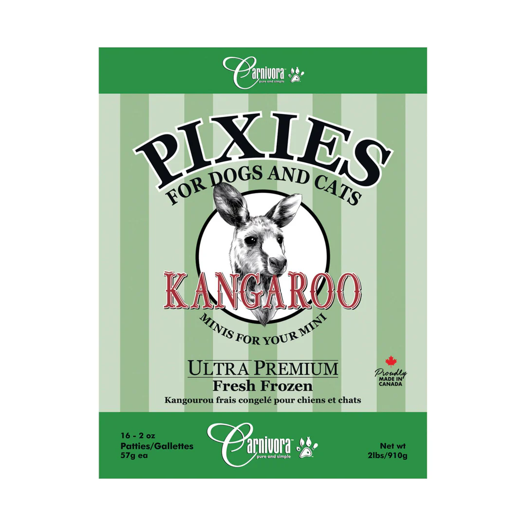 Green and cream striped package labeled "Pixies for Dogs and Cats," featuring a kangaroo image. Text reads "Kangaroo Minis for Your Mini," "Ultra Premium Fresh Frozen," and includes Carnivora branding.