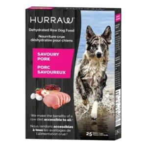 Packaging of Hurraw Dehydrated Dog Food Pork 2.5 kg featuring an image of a dog running through water. The flavor is Savoury Pork, with text in English and French. The box contains 25 metric cups.