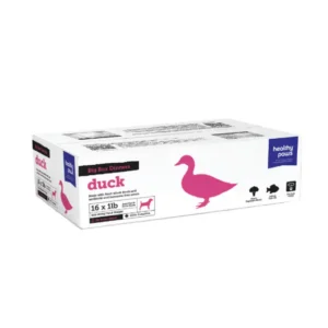 A white box of Healthy Paws Big Box Dinners, duck flavor, containing 16 one-pound packs.