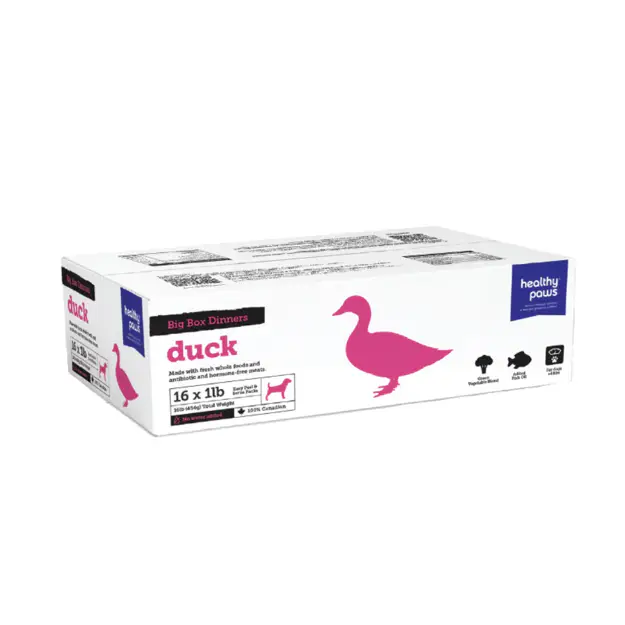 A white box of Healthy Paws Big Box Dinners, duck flavor, containing 16 one-pound packs.