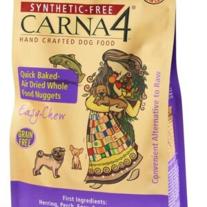 Purple and beige bag of Carna4 dog food labeled as synthetic-free and grain-free. Features images of a dog, fish, and a woman holding a basket. Highlights quick-baked, air-dried whole food nuggets with herring, perch, eggs, and sprouted seeds.