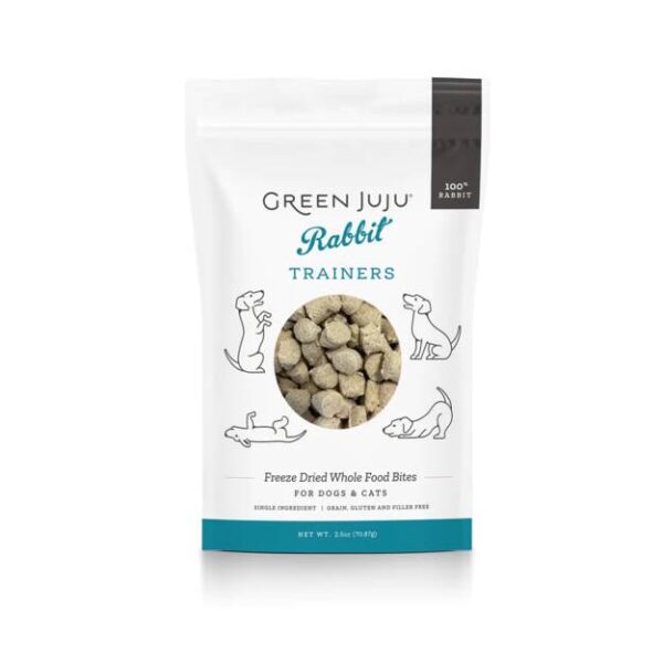 A white resealable bag of Green Juju Rabbit Trainers. The label reads "Freeze Dried Whole Food Bites for Dogs & Cats" and "100% Rabbit." The bag has illustrations of pets and contains small, round freeze-dried treats. Net weight is 3.5 oz (99.2 g).