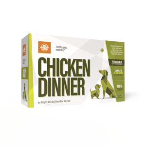 A box of Big Country Raw Chicken Dinner 4x1lb fresh raw dog food, with bold text, origami-style pet illustrations, and product details on a white and green background.