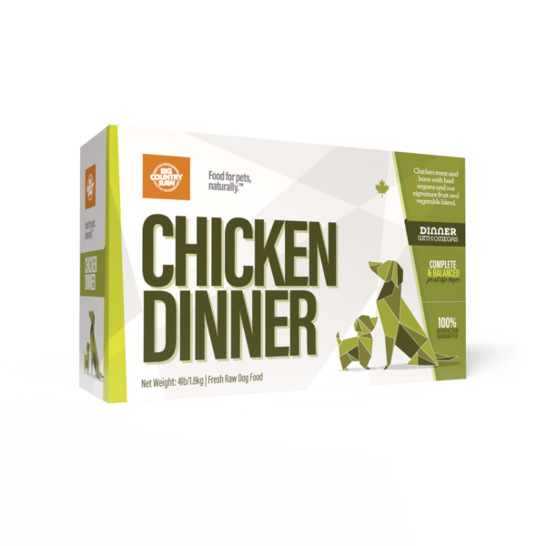 A box of Big Country Raw Chicken Dinner 4x1lb fresh raw dog food, with bold text, origami-style pet illustrations, and product details on a white and green background.
