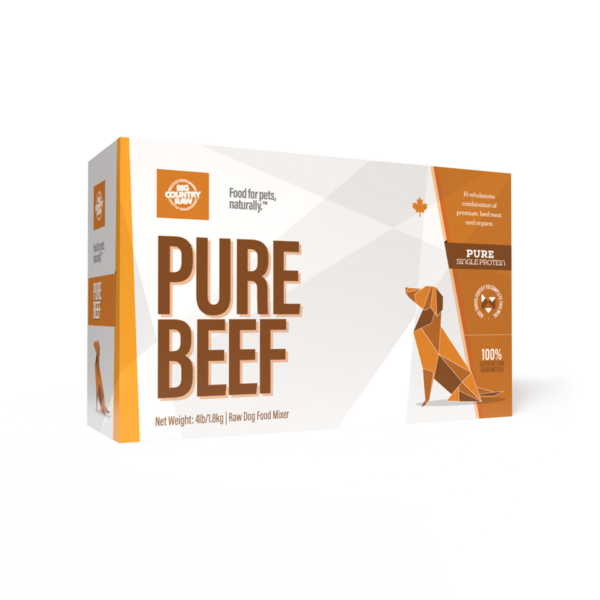 A rectangular box labeled "Big Country Raw Pure Beef 4x1lb" features an origami-style dog, orange and white colors, and text stating it's 100% single-protein beef for pets.