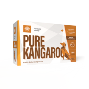 Big Country Raw Pure Kangaroo 4x1lb features a rectangular orange and white box with a small dog graphic, highlighting its single protein formula and 100% natural ingredients for pets.