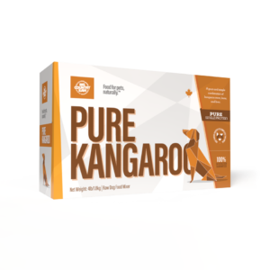 Big Country Raw Pure Kangaroo 4x1lb: A rectangular box of raw dog food with a stylized dog image and orange-brown accents. This recipe features pure single-protein kangaroo and comes in a 4 lb pack.