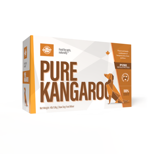 Big Country Raw Pure Kangaroo 4x1lb: A rectangular box of raw dog food with a stylized dog image and orange-brown accents. This recipe features pure single-protein kangaroo and comes in a 4 lb pack.