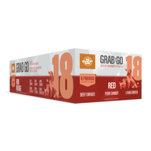 A rectangular box labeled "Big Country Raw Grab N GO Red 18 lbs" featuring Beef Dinner, Pork Dinner, and Lamb Dinner, with bold red and orange graphics and the number 18 prominently displayed.
