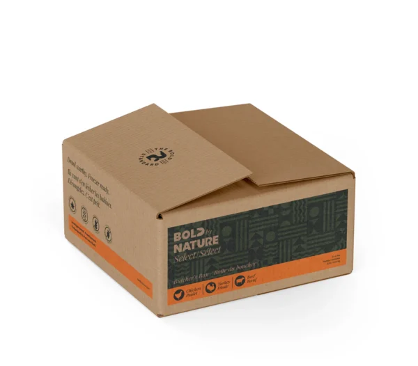 A closed cardboard box with the label "Bold by Nature Select" printed on it. The box is rectangular with two flaps on top. Icons and text are also visible on the front side.