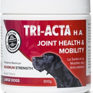 Tri-Acta Maximum Strength 300g features a black dog image and a red label with white text, highlighting maximum strength, 100% active ingredients, and joint health support for large dogs.