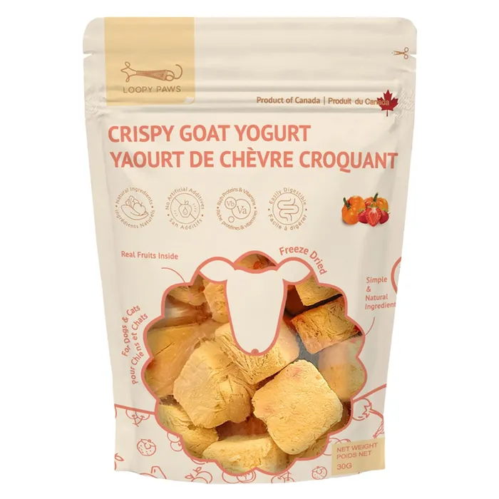 A resealable bag of Loopy Paws Crispy Goat Yogurt pet treats, showing yellow freeze-dried cubes inside. The packaging highlights real fruits, simple ingredients, and suitability for dogs and cats.